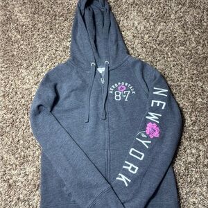 Y2K Aéropostale Gray Full Zip Hoodie Women Floral New York 87 Logo Long Sleeve